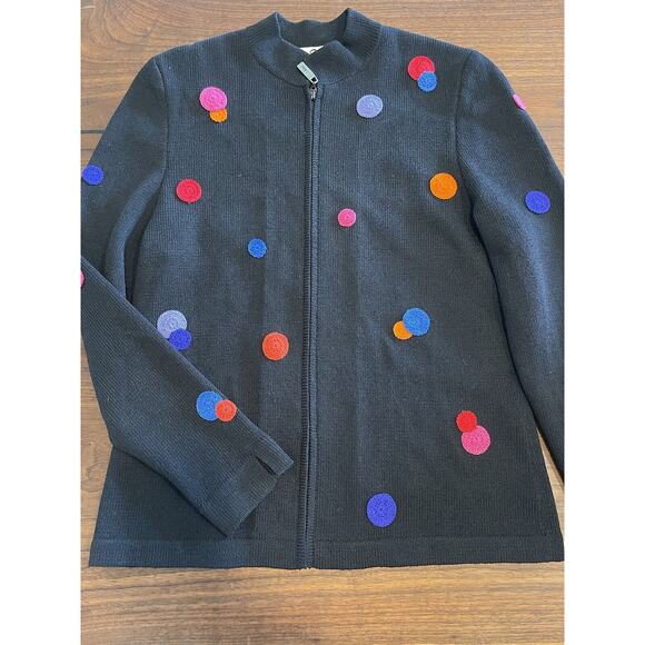 JSS Woman Knit Wear Blazer S Black/Embroidered colorful circles Wool blend USA - Picture 1 of 13